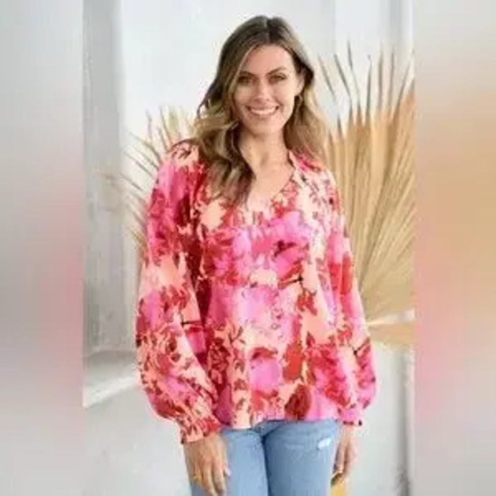 Hailey & Co Ruffle V-Neck Decor Button Floral Blouse - Picture 1 of 4